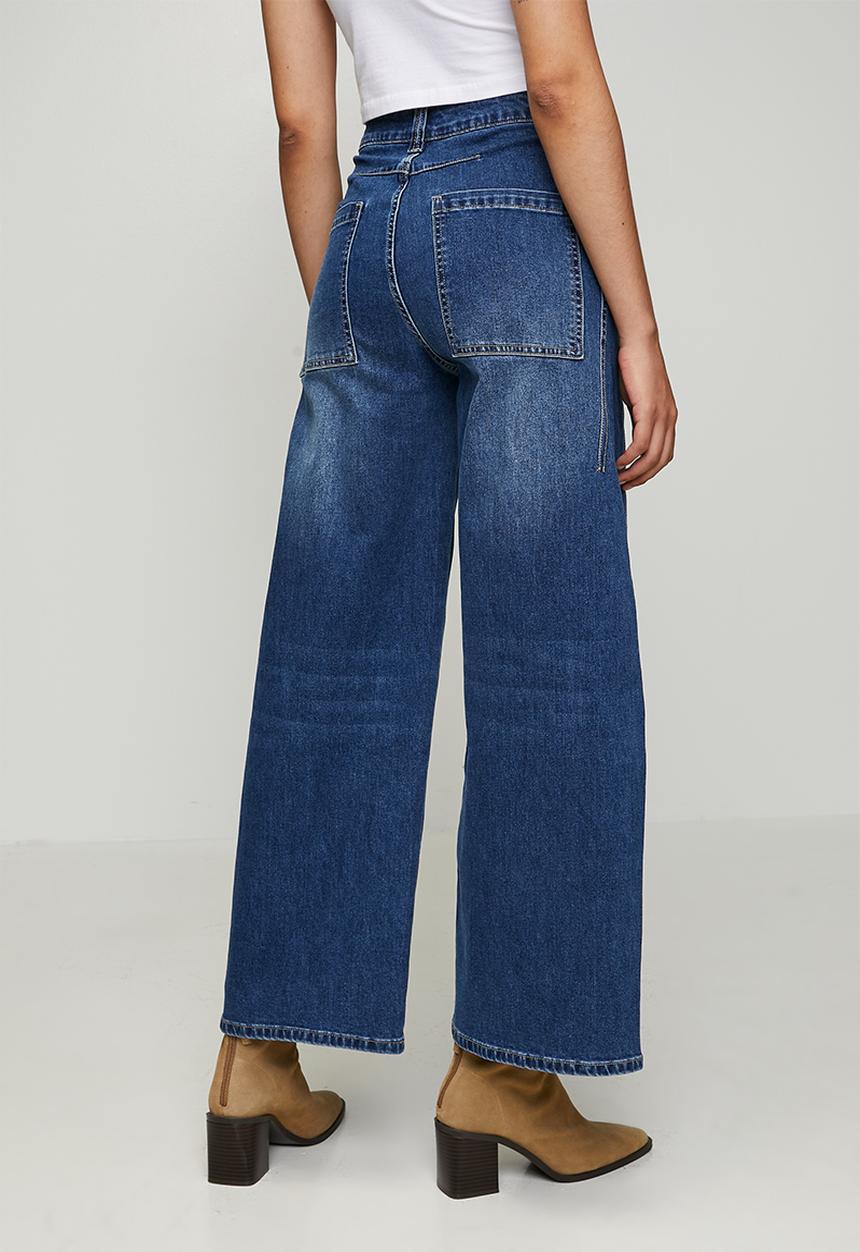 MANDI - High Waist Wide Leg Pant With Waisted Side Seam - Dark Denim
