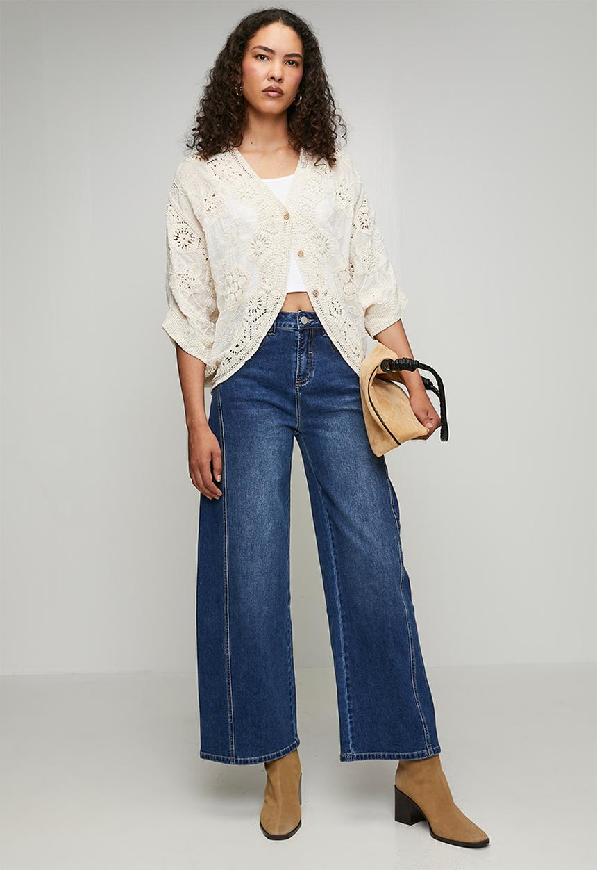 MANDI - High Waist Wide Leg Pant With Waisted Side Seam - Dark Denim