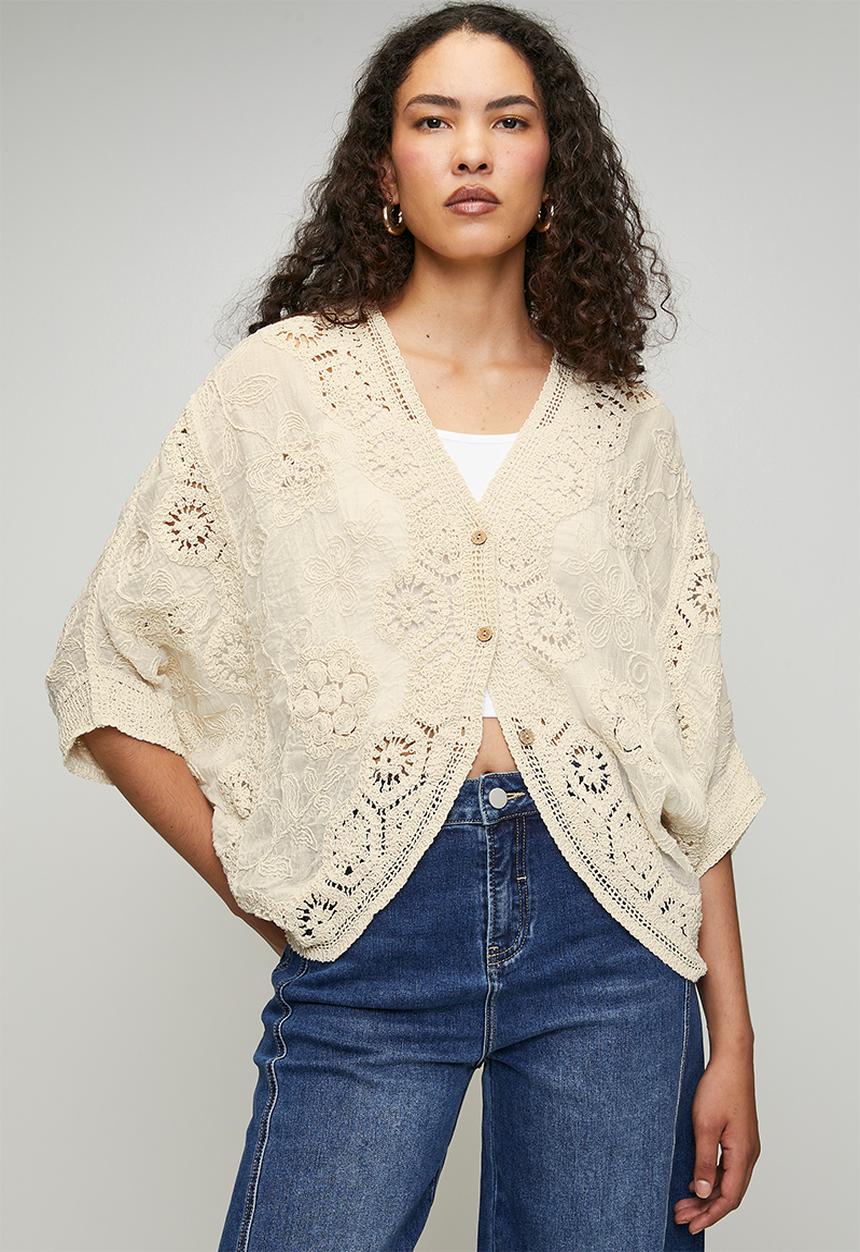 MANDI - Easy Wearing Batwing Sleeve Crochet 3 Buttoned Top - Beige