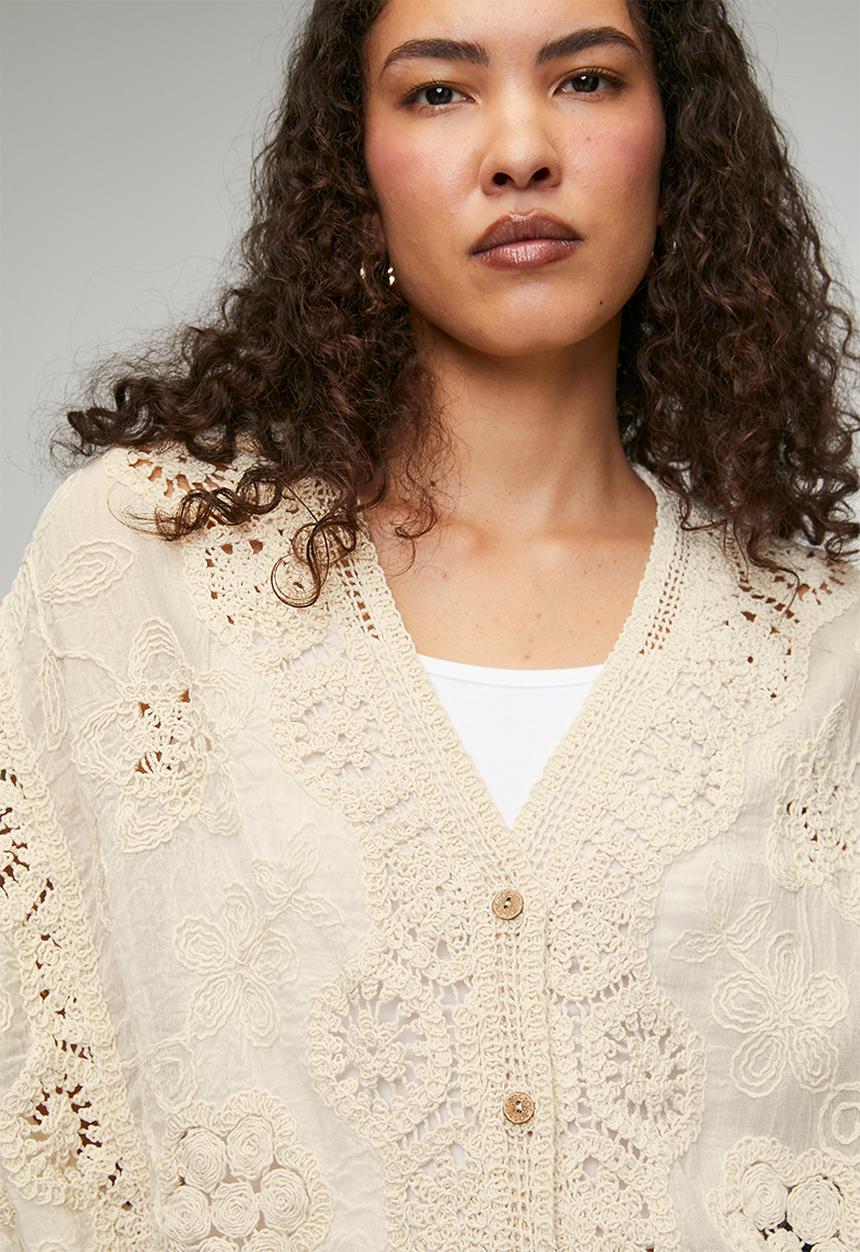 MANDI - Easy Wearing Batwing Sleeve Crochet 3 Buttoned Top - Beige