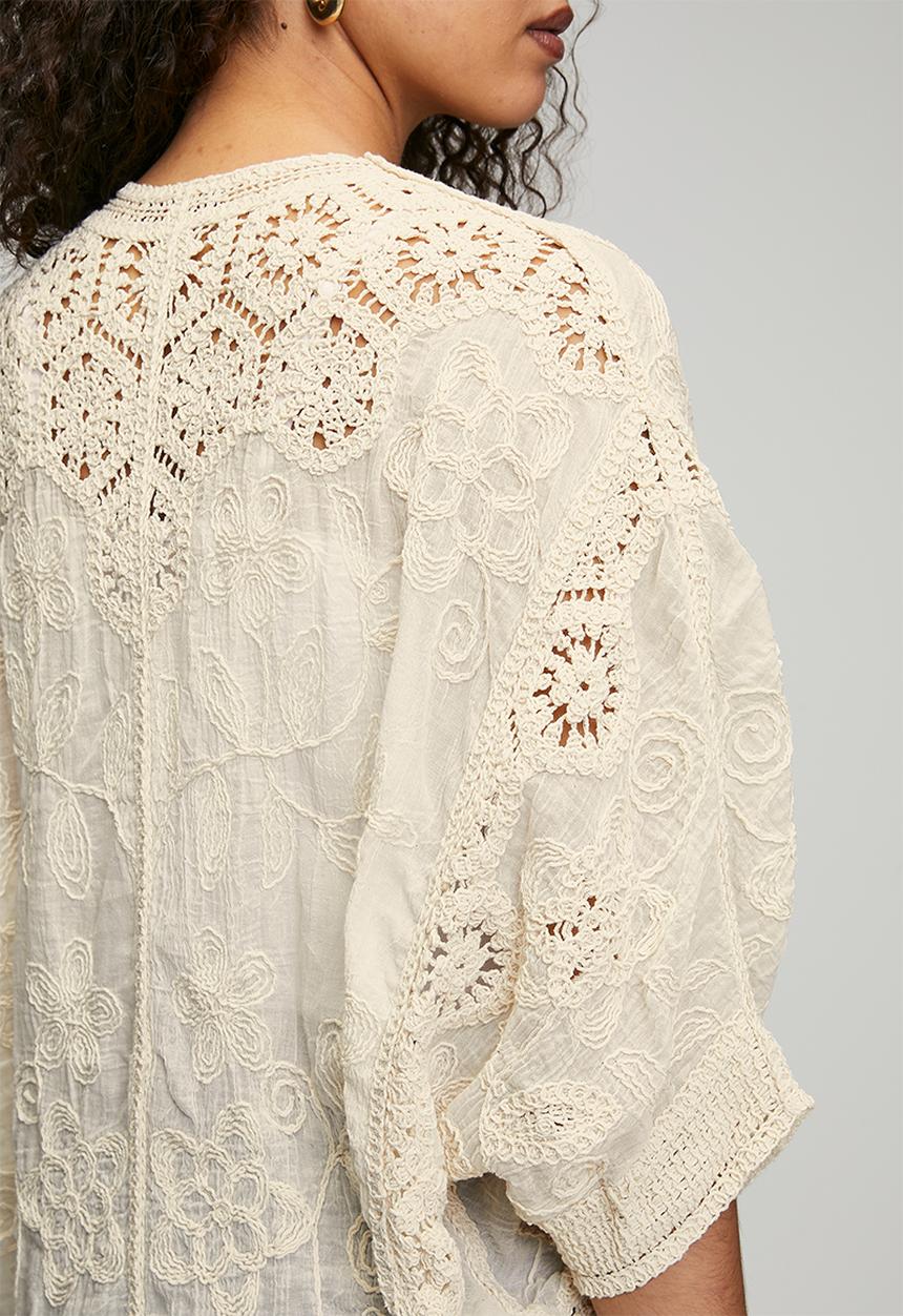 MANDI - Easy Wearing Batwing Sleeve Crochet 3 Buttoned Top - Beige