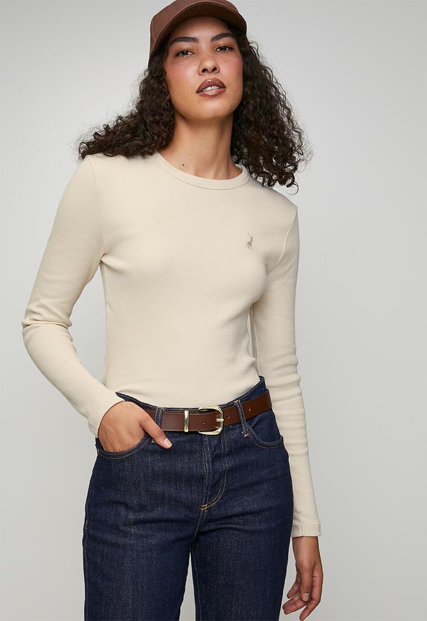 POLO - Wmn Mia Long Sleeve Ribbed T-Shirt - Oatmeal