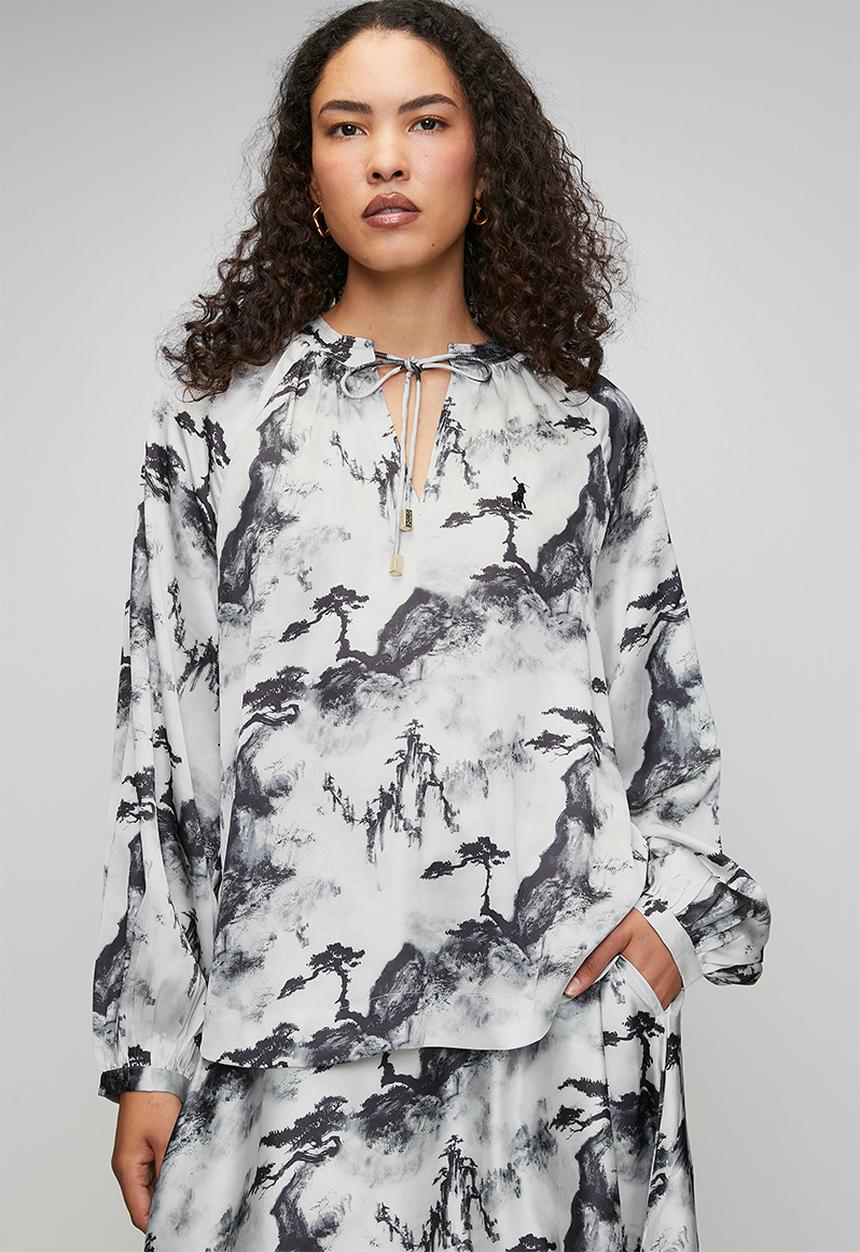 POLO - Wmn Mya Long Sleeve Printed Blouse - Black & Grey