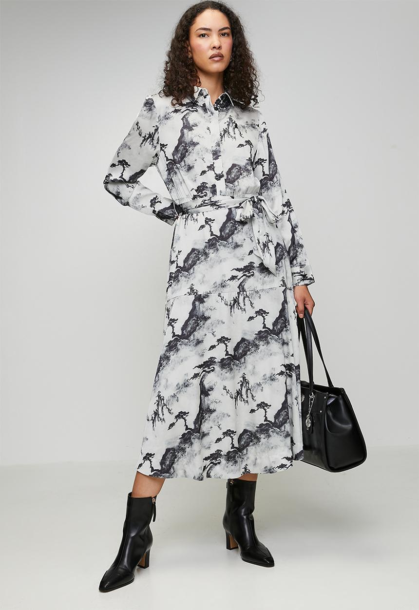 POLO - Wmn Mila Long Sleeve Printed Dress - Grey & Black