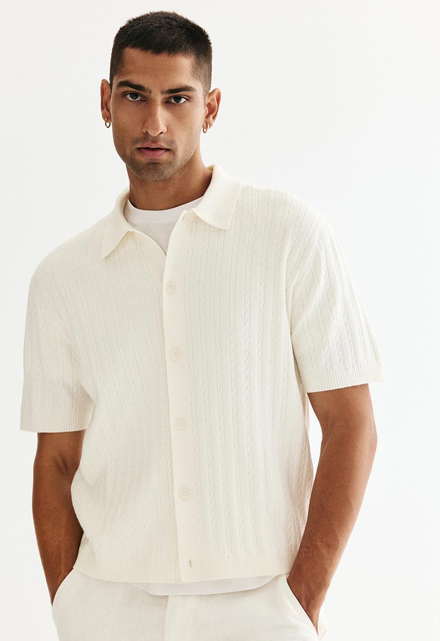 H&M - Regular fit cable-knit short-sleeved shirt - cream