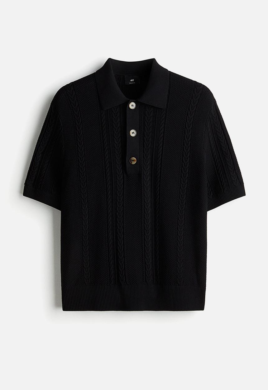 H&M - Regular fit cable-knit polo shirt - black
