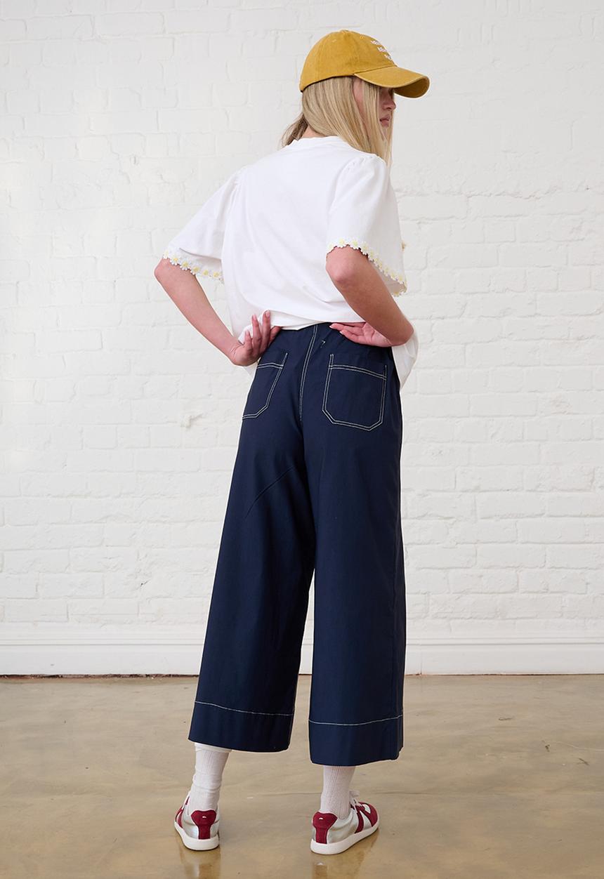 Me&B - Stretch Wide Leg Cropped Pants - Navy