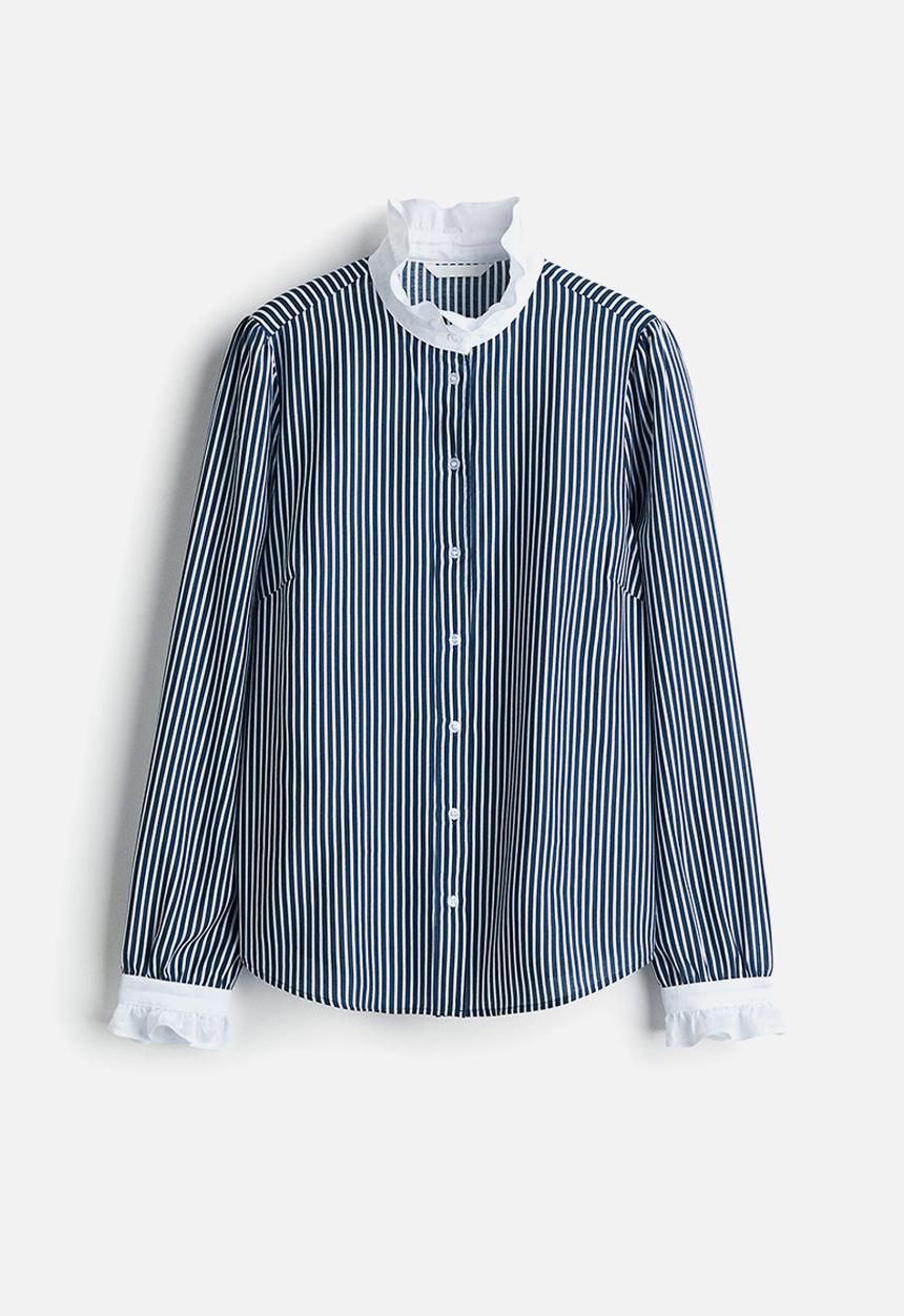 H&M - Frill-collar blouse - navy blue/white striped