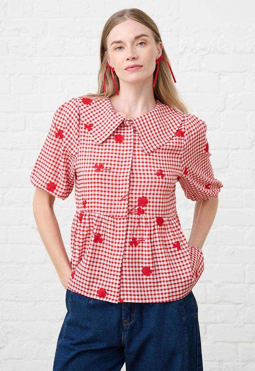 Me&B - Peplum Blouse in Interest Gingham - Red