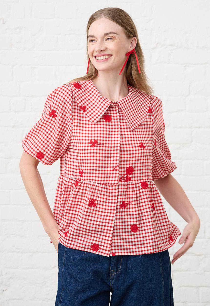 Me&B - Peplum Blouse in Interest Gingham - Red