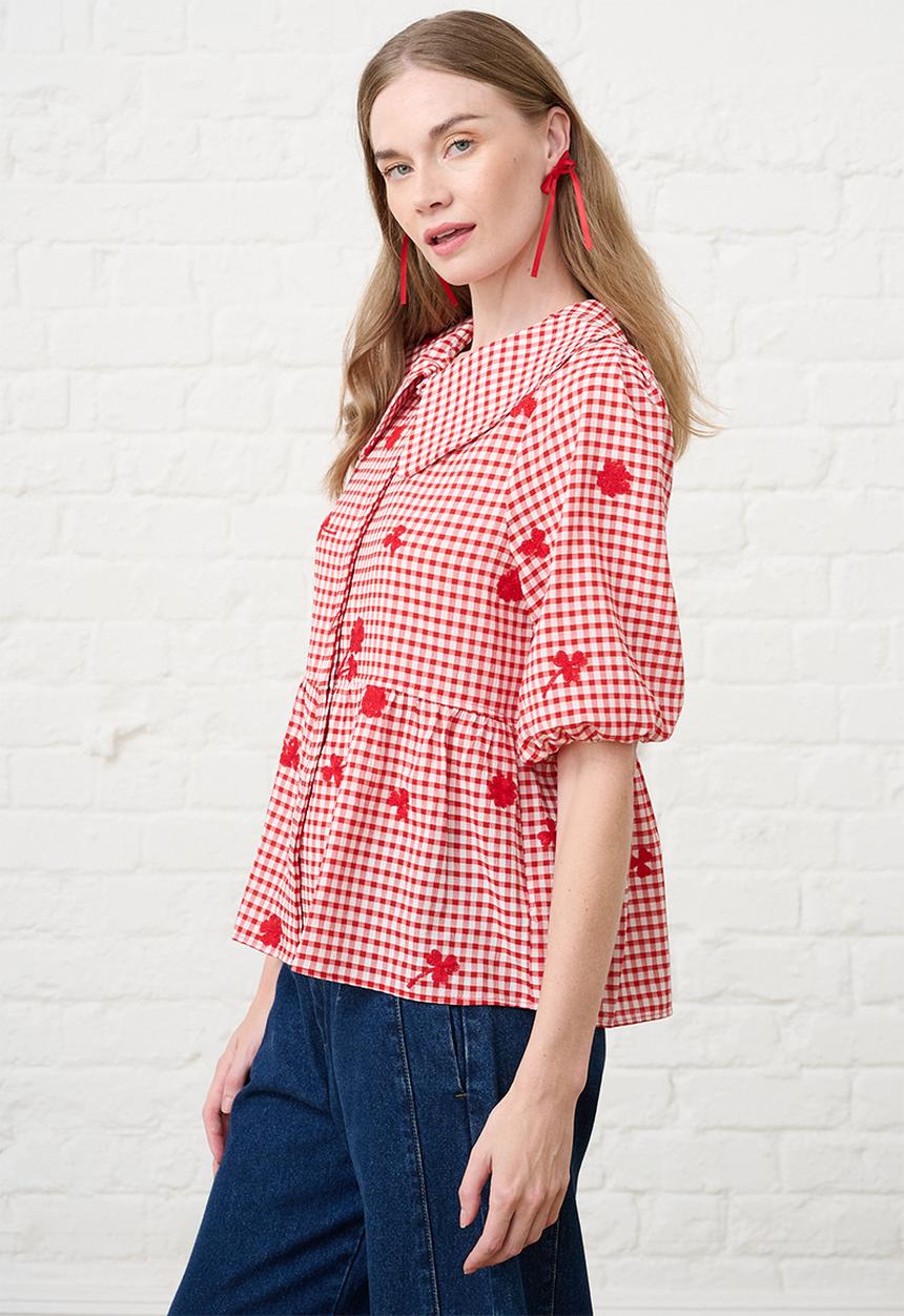 Me&B - Peplum Blouse in Interest Gingham - Red