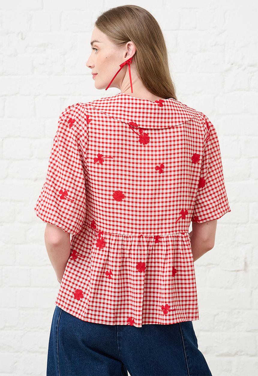 Me&B - Peplum Blouse in Interest Gingham - Red