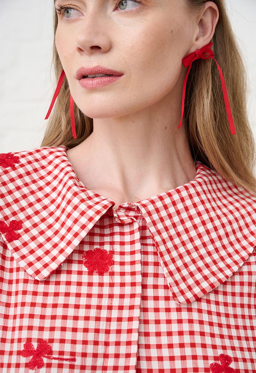 Me&B - Peplum Blouse in Interest Gingham - Red