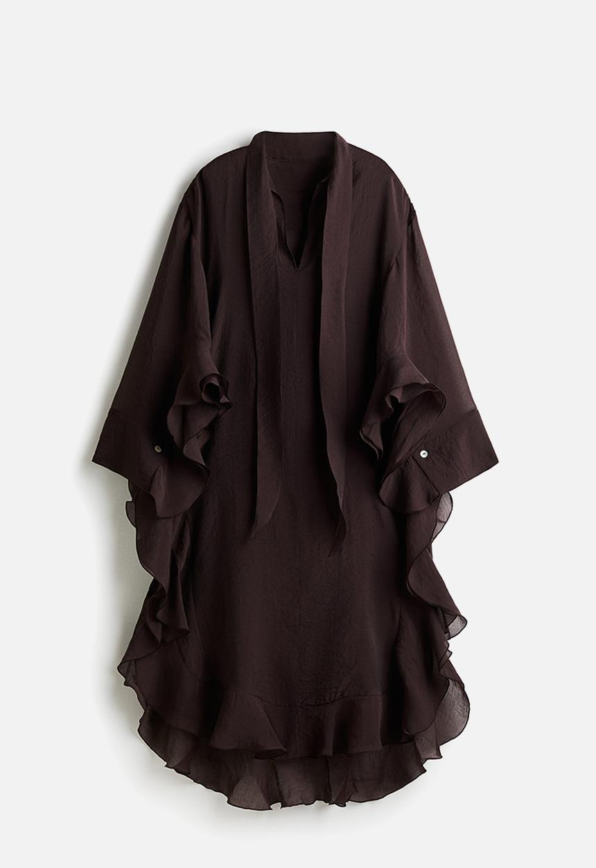 H&M - Tie-neck kaftan dress - dark brown