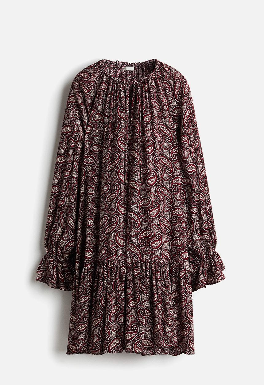 H&M - Frilled-sleeve dress - burgundy/paisley pattern