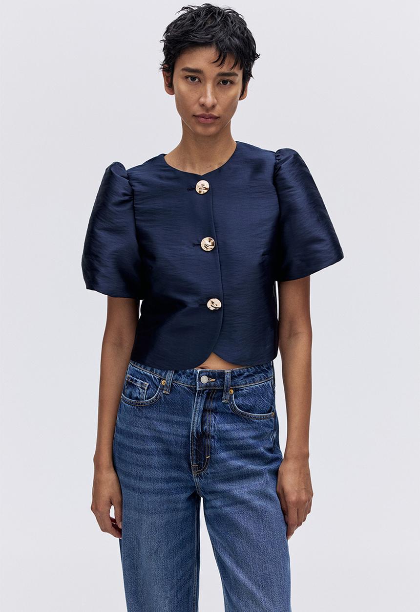 Puff-sleeved blouse - navy blue - 1307129001
