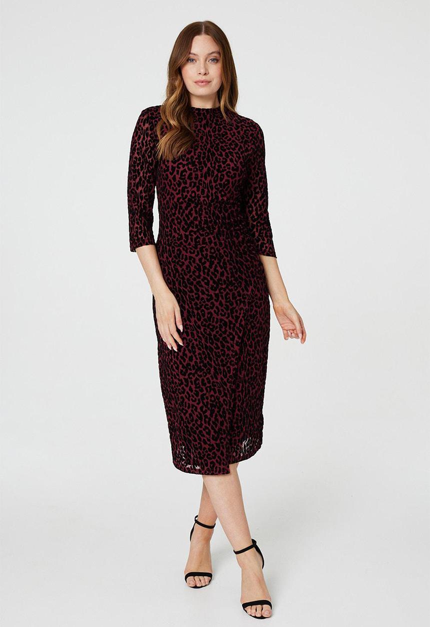 Izabel London - Half Sleeve Mid Calf Buronout Animal Print Dress - Maroon