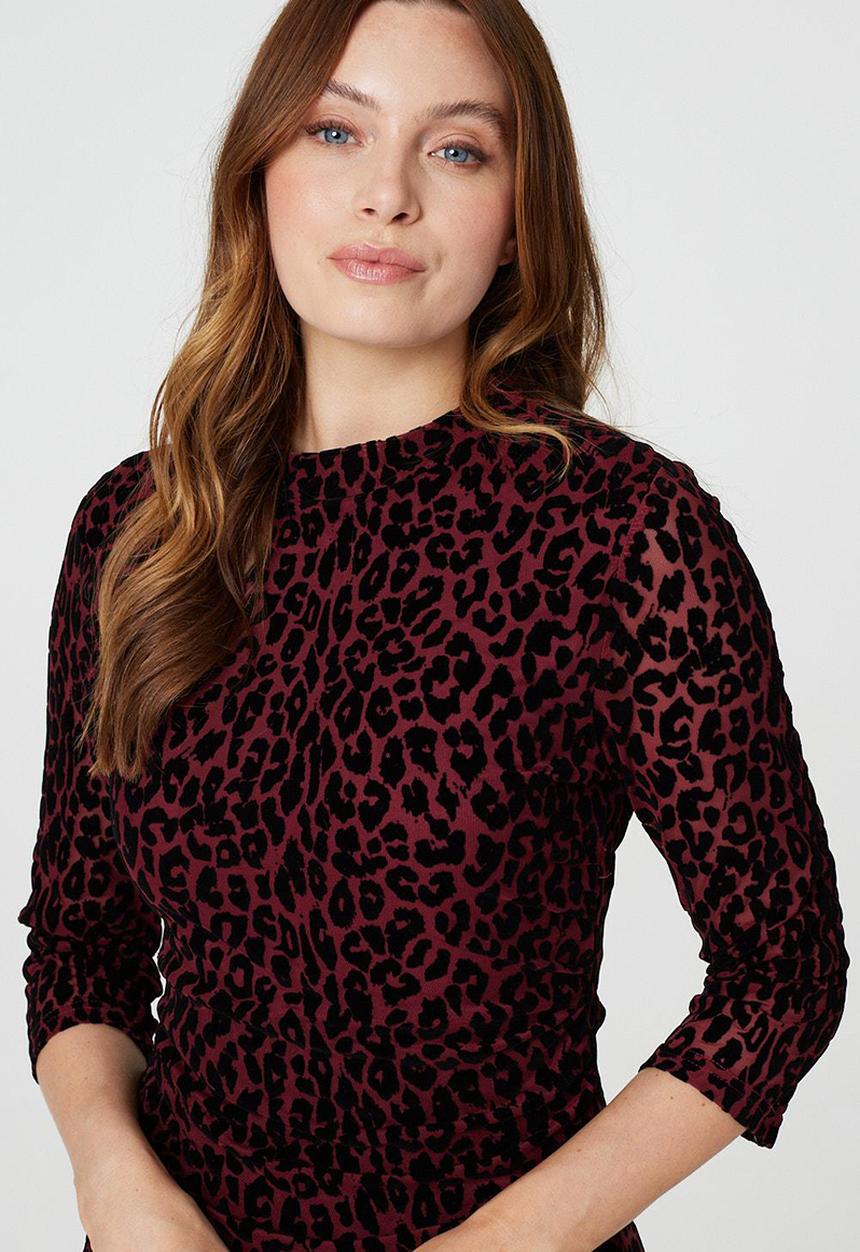 Izabel London - Half Sleeve Mid Calf Buronout Animal Print Dress - Maroon
