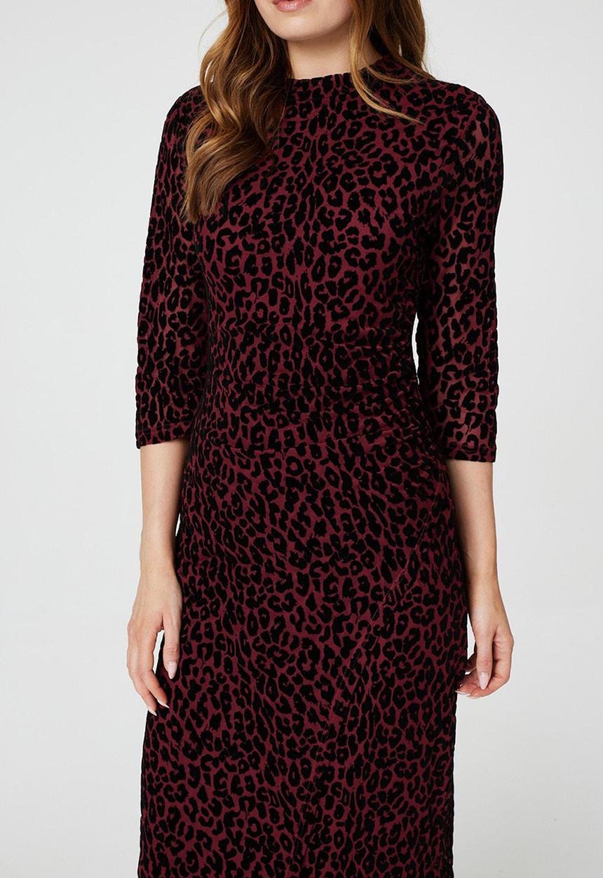 Izabel London - Half Sleeve Mid Calf Buronout Animal Print Dress - Maroon