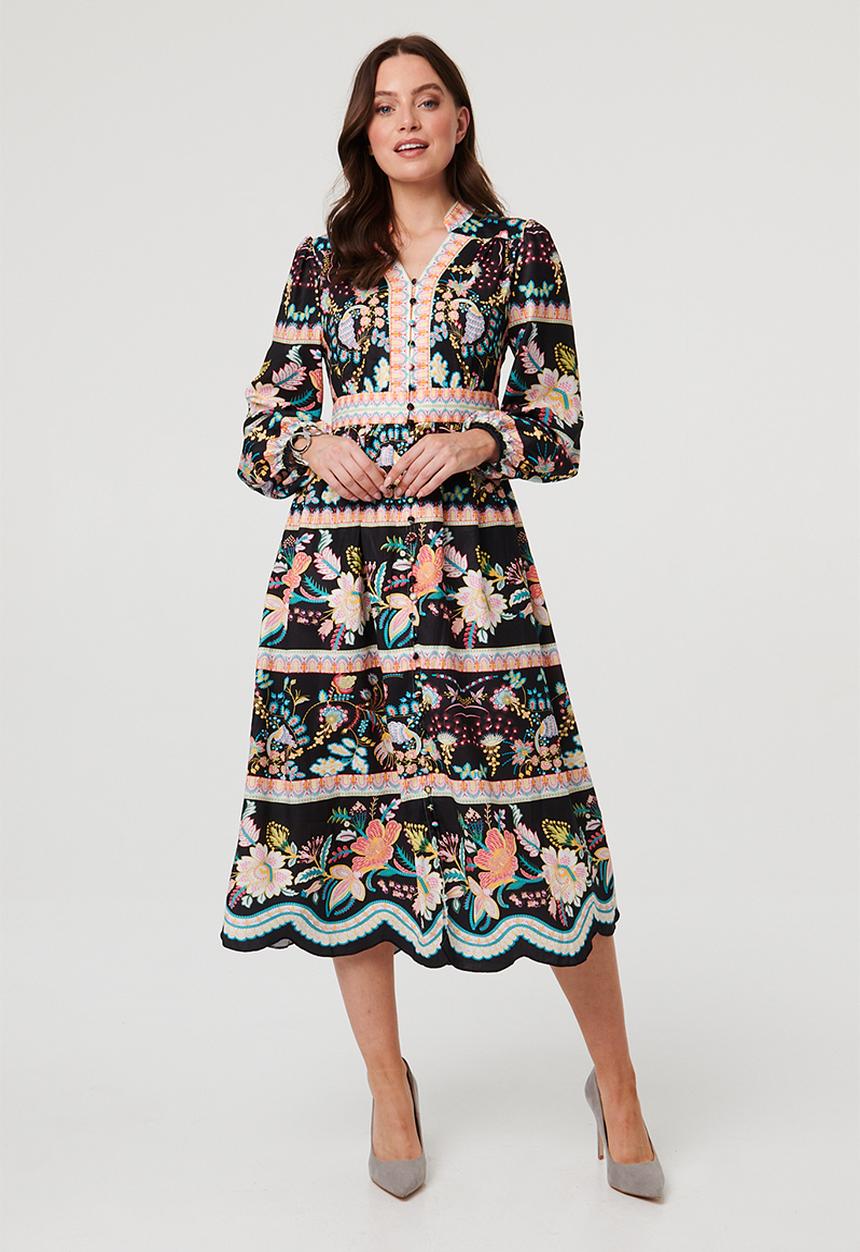 Stella Morgan - V-Neck Button Through Dress With Border Print And Scallop Hem - Black