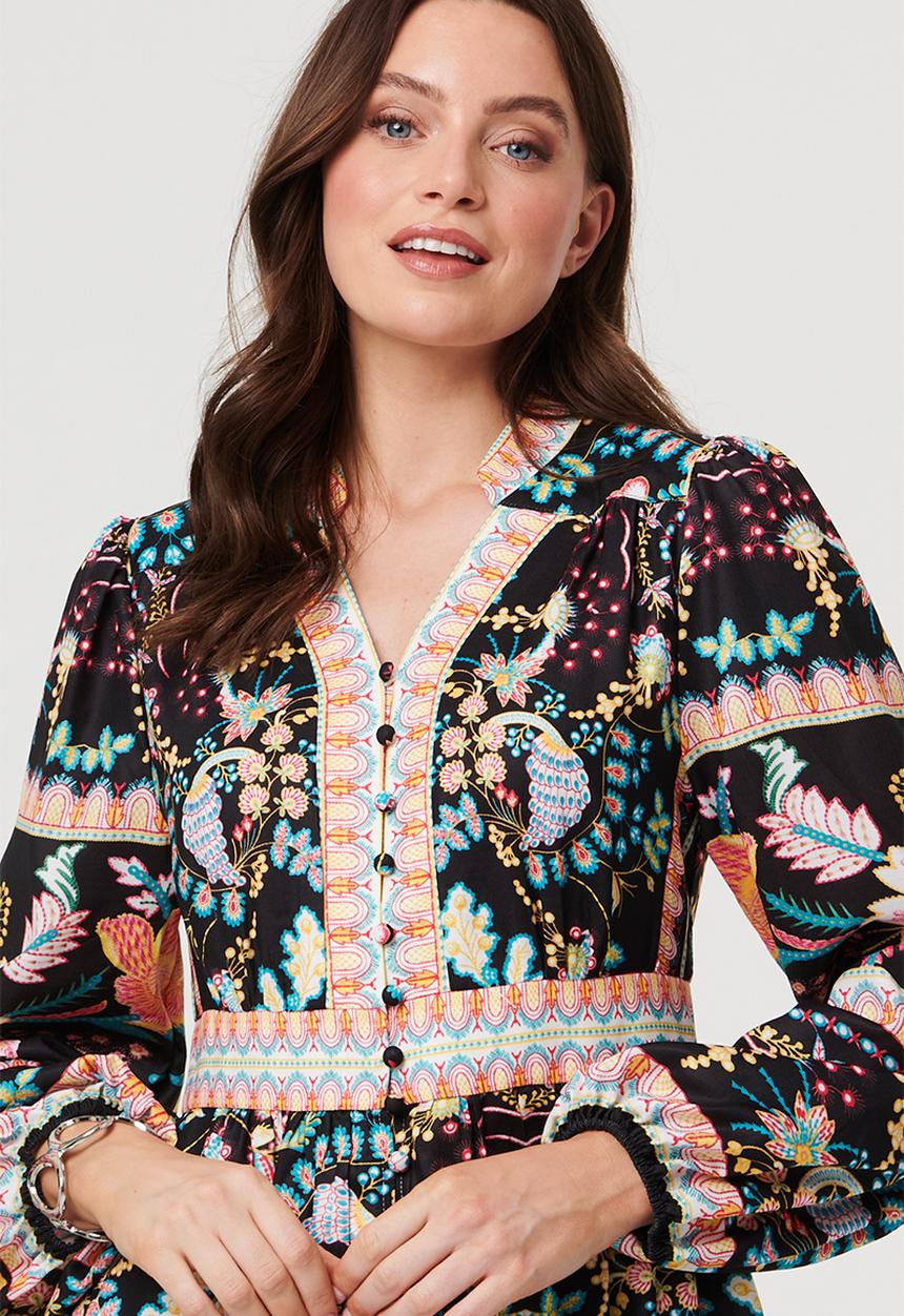 Stella Morgan - V-Neck Button Through Dress With Border Print And Scallop Hem - Black