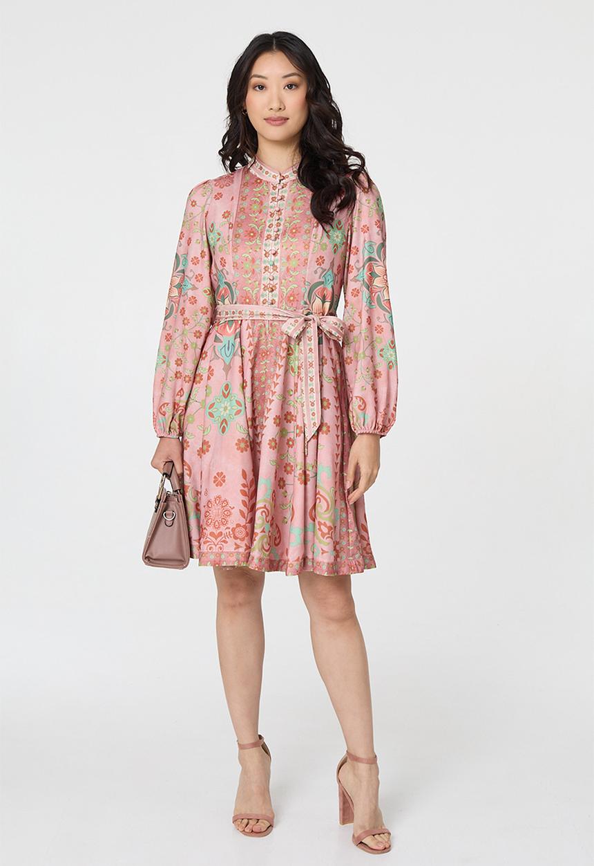 Stella Morgan - L/S With Elastic Cuff Button Through Midi Dress Border Print Detail - Rust