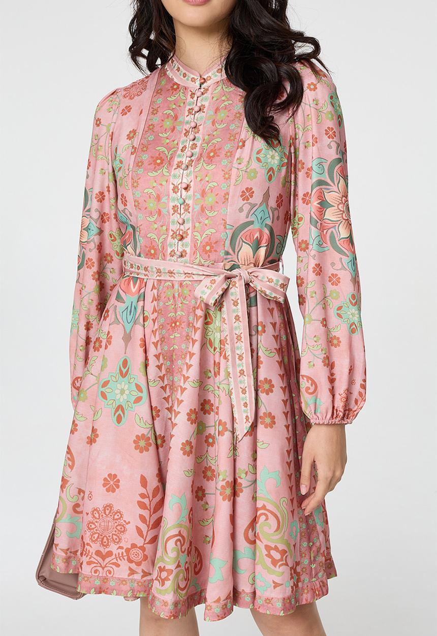 Stella Morgan - L/S With Elastic Cuff Button Through Midi Dress Border Print Detail - Rust