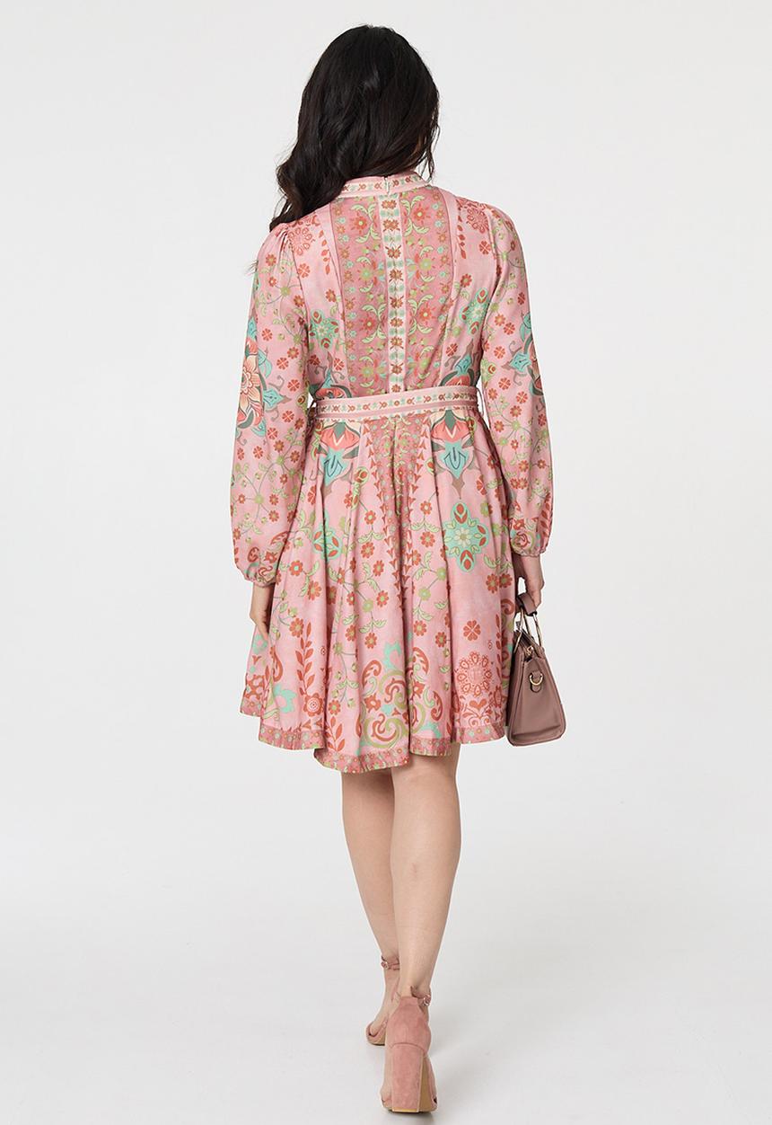 Stella Morgan - L/S With Elastic Cuff Button Through Midi Dress Border Print Detail - Rust