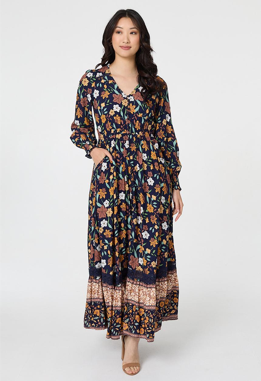 Izabel London - V-Neck Button Through Gypsy Style Maxi Dress - Multi Navy
