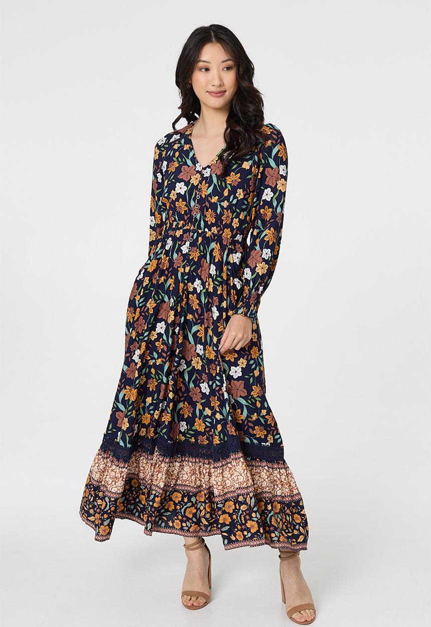 Izabel London - V-Neck Button Through Gypsy Style Maxi Dress - Multi Navy