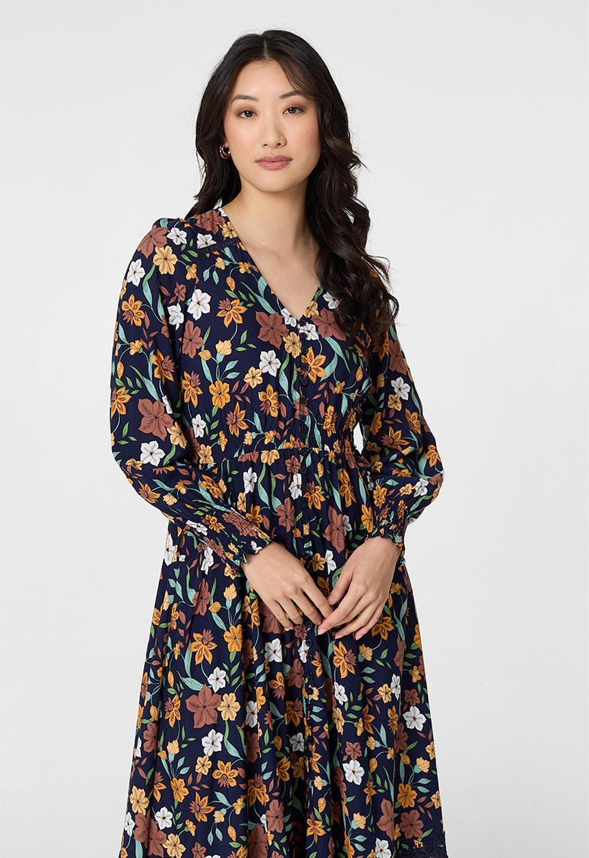 Izabel London - V-Neck Button Through Gypsy Style Maxi Dress - Multi Navy