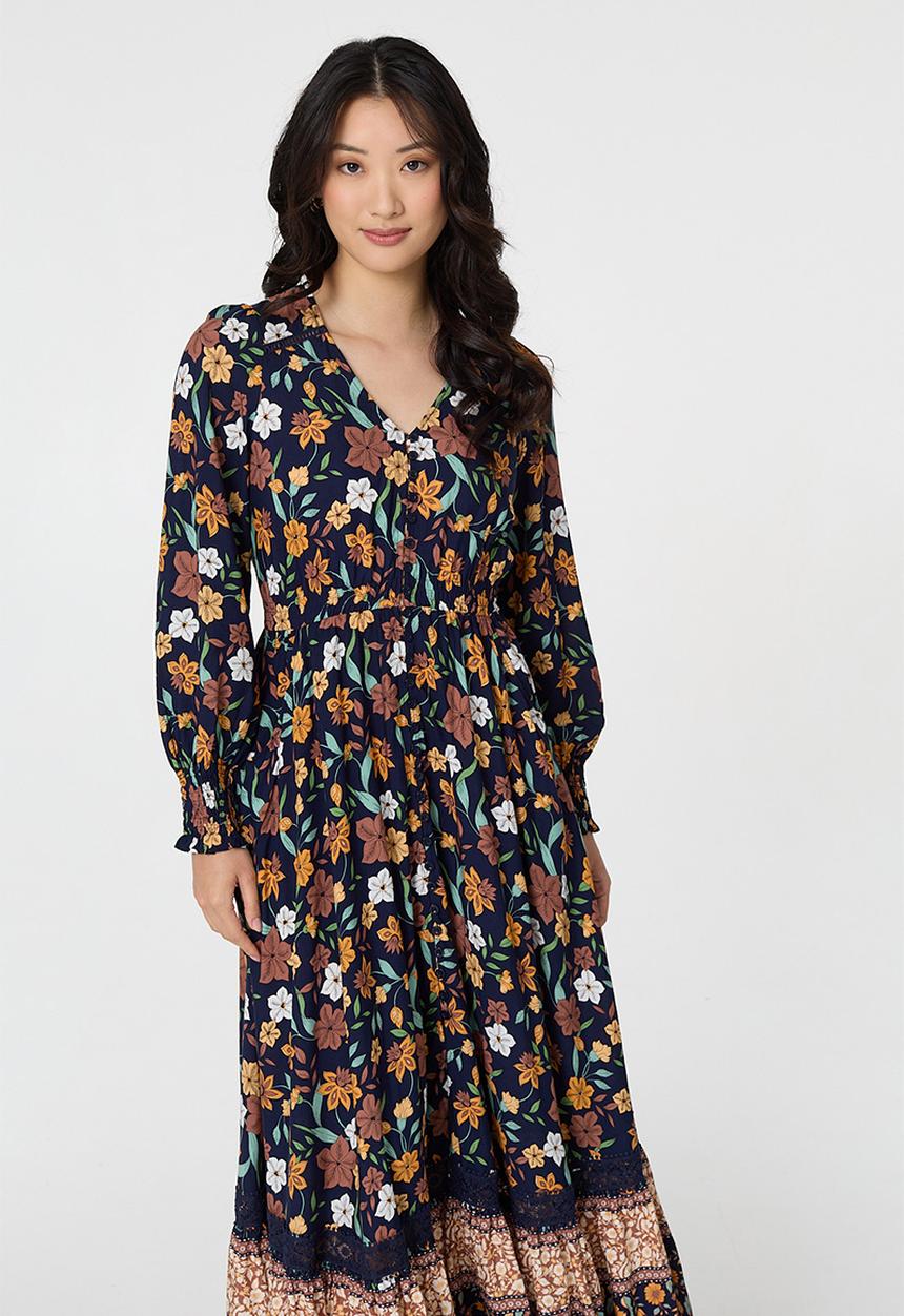 Izabel London - V-Neck Button Through Gypsy Style Maxi Dress - Multi Navy