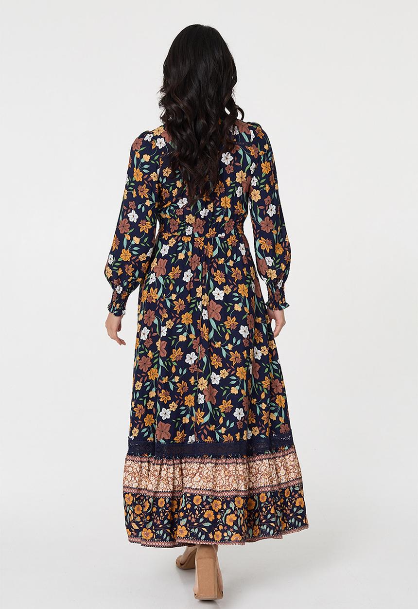 Izabel London - V-Neck Button Through Gypsy Style Maxi Dress - Multi Navy