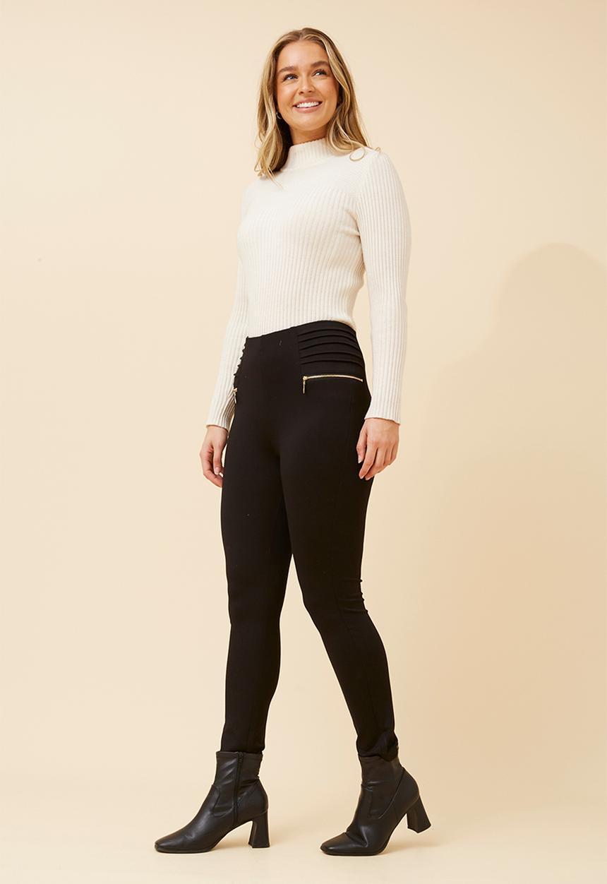 Stella Morgan - High Waisted Lightweight Ponte Legging With Front Zip Detail - Black