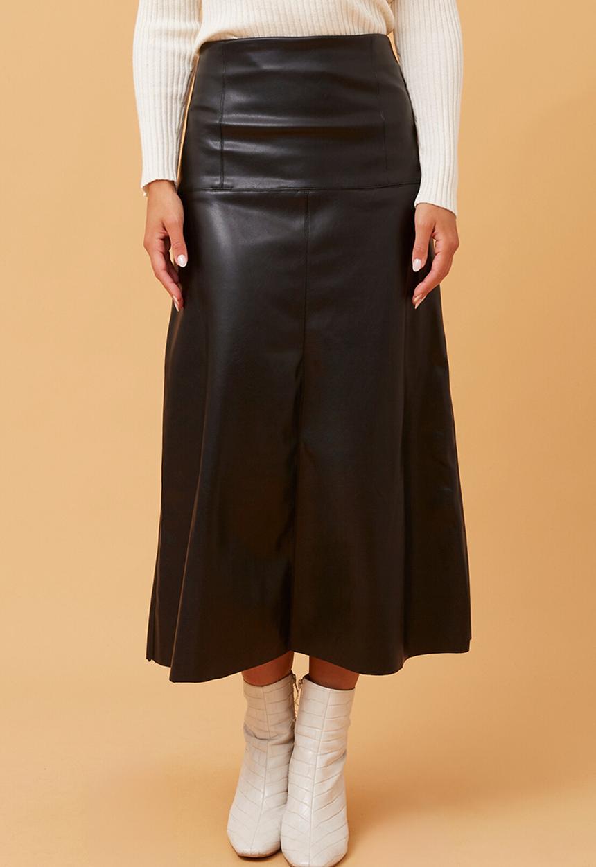 Izabel London - High Waist Faux Leather A-Line Maxi Skirt - Black