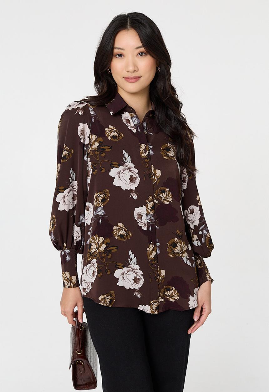 Izabel London - Wide Cuff Button Through Puff Shoulder Printed Blouse - Brown