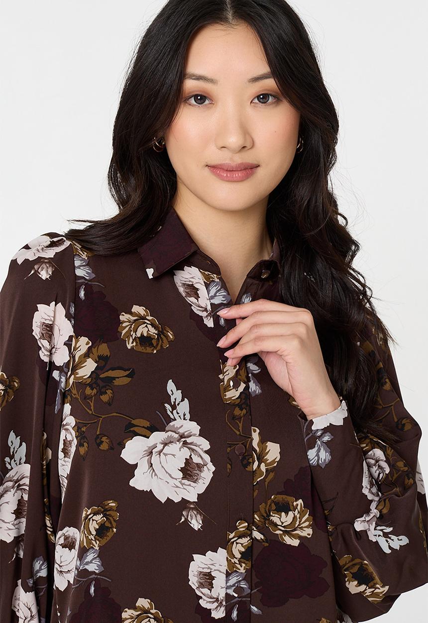 Izabel London - Wide Cuff Button Through Puff Shoulder Printed Blouse - Brown
