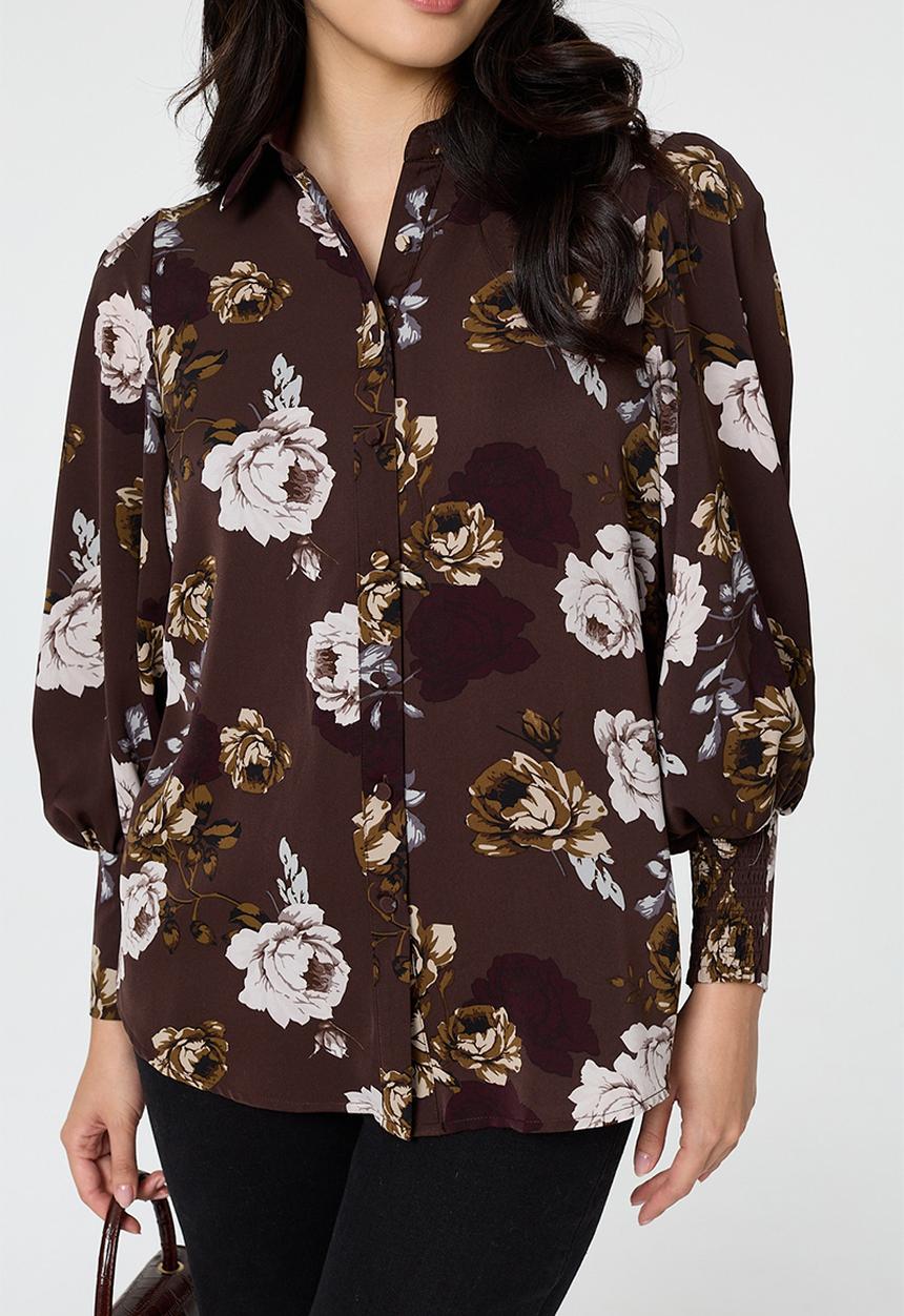 Izabel London - Wide Cuff Button Through Puff Shoulder Printed Blouse - Brown