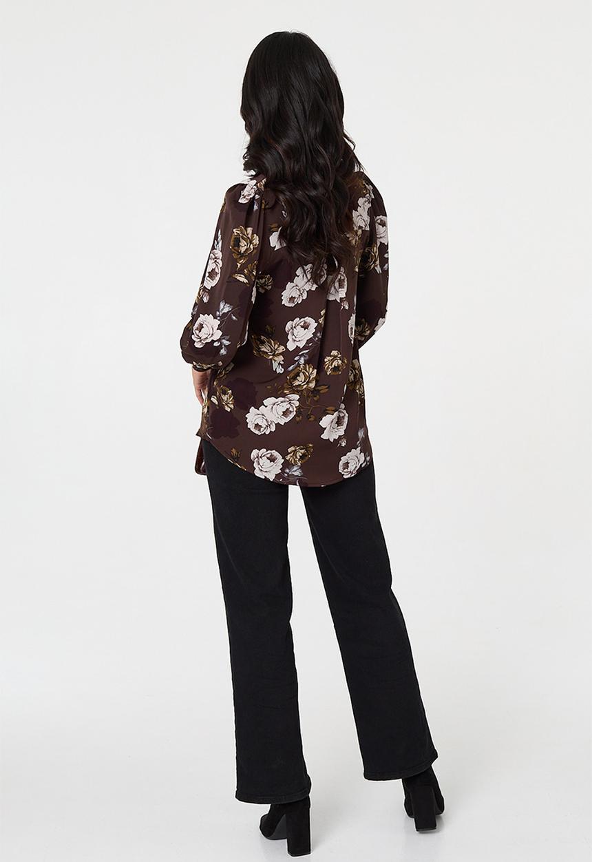 Izabel London - Wide Cuff Button Through Puff Shoulder Printed Blouse - Brown