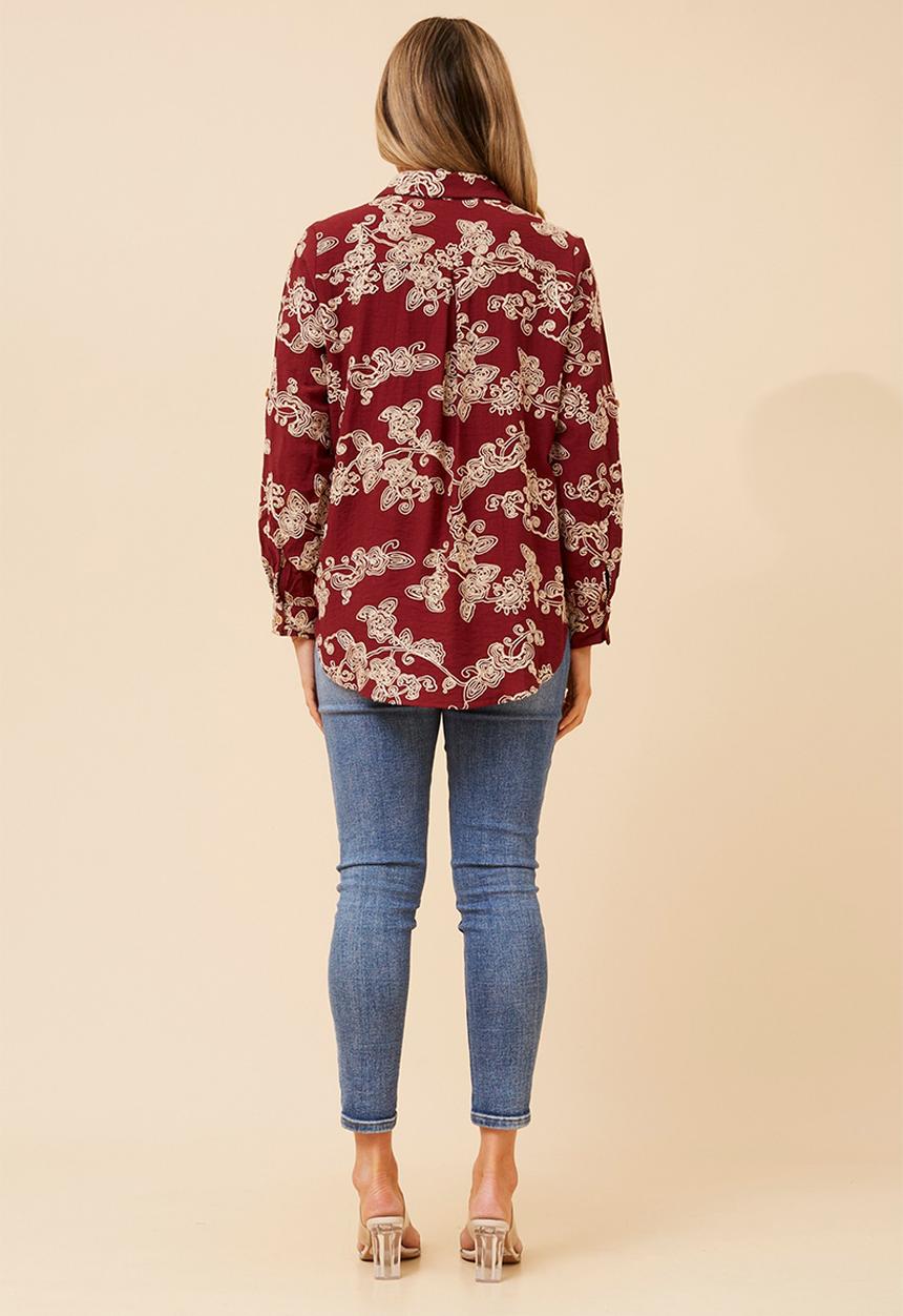MANDI - Button Through All Over Embroidered Shirt - Burgundy