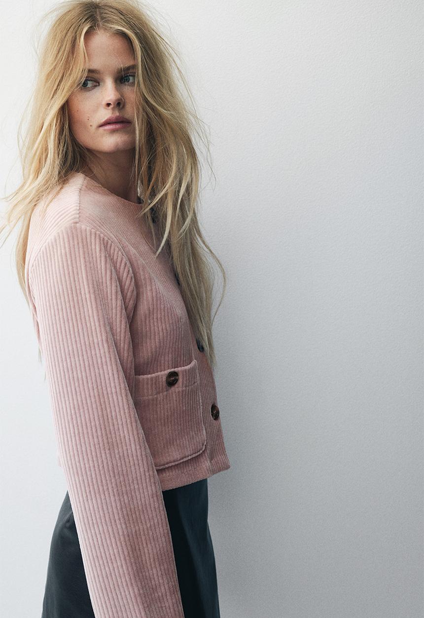 Ribbed velour cardigan - old rose - 1311680001
