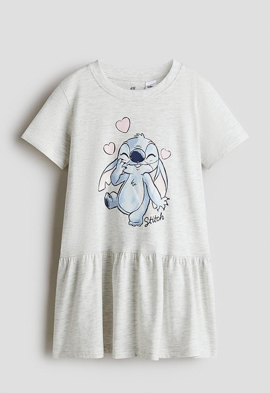 H&M - Printed cotton jersey dress - beige marl/lilo & stitch 