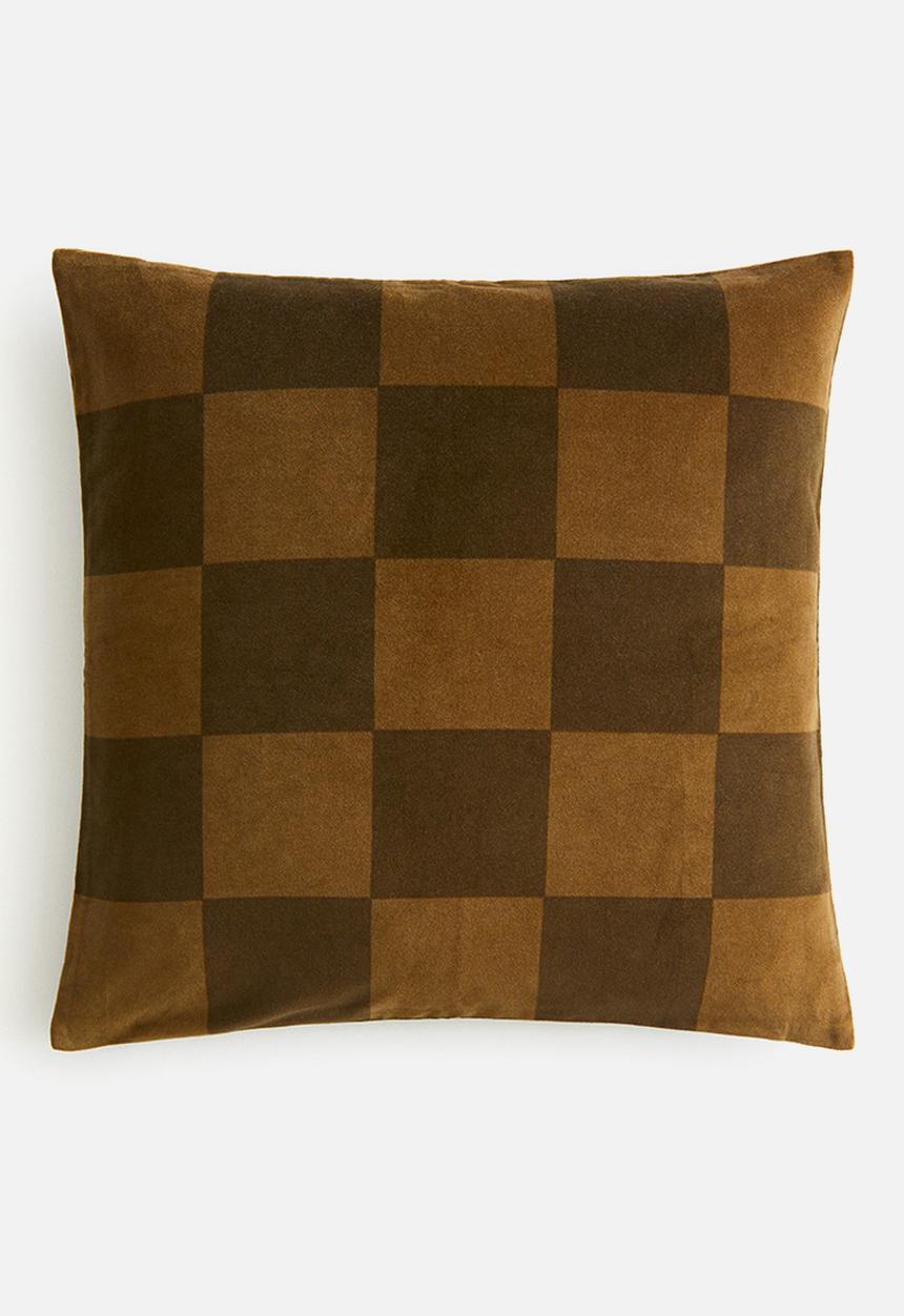 H&M - Checked velvet cushion cover - dark olive green/checked 