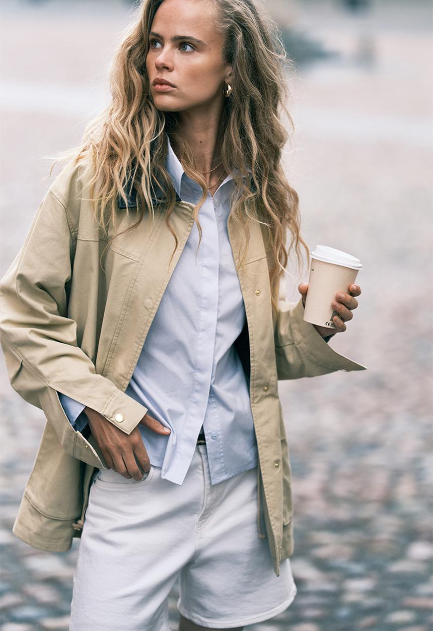 Coated-collar twill jacket - light beige - 1294316001