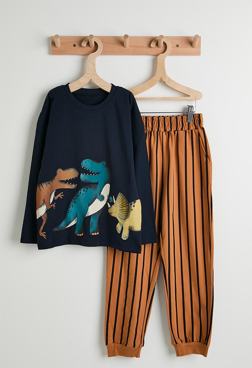 Pop Candy - Dino graphic sweatshirt with joggers - navy/dark gold/stripes