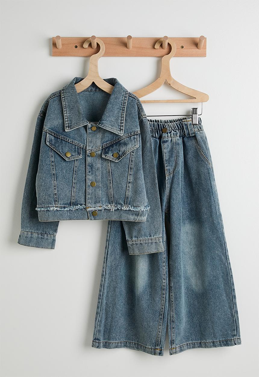 Pop Candy - Sunbleached denim jacket & wide leg jeans - blue