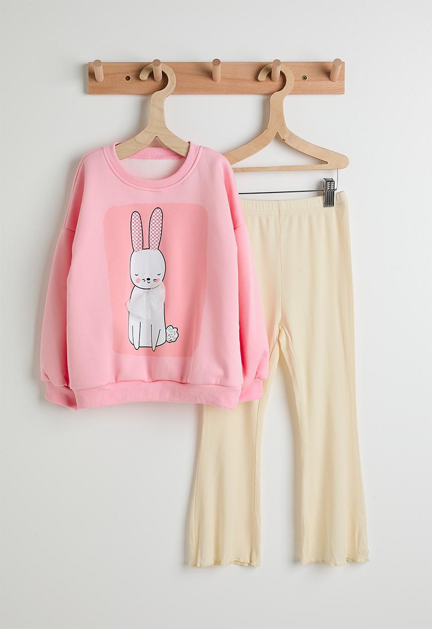 Pop Candy - Bunny placement print sweatshirt with flared leggings - pink/cream