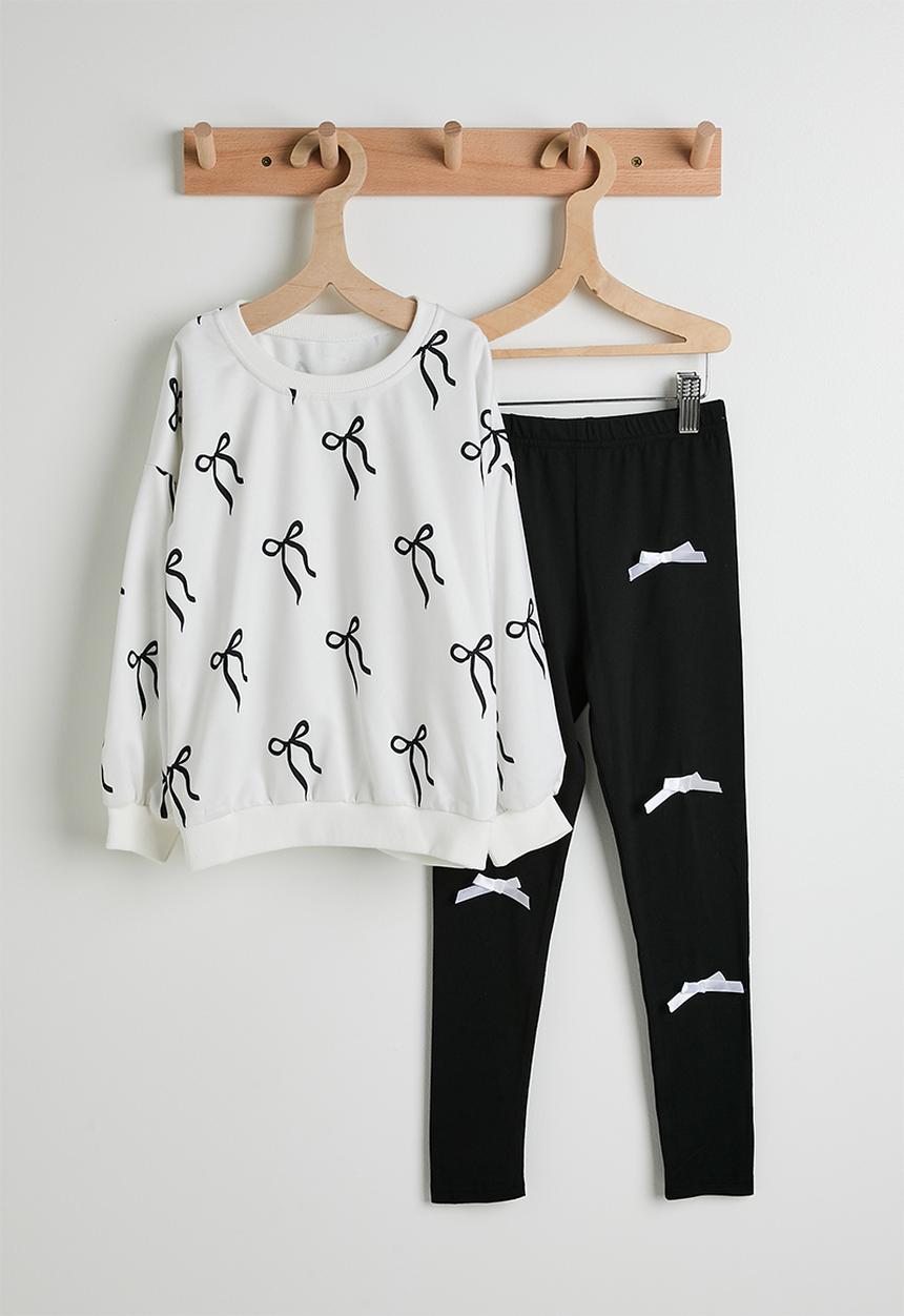 Pop Candy - Aop sweat top & bow applique leggings - white/black