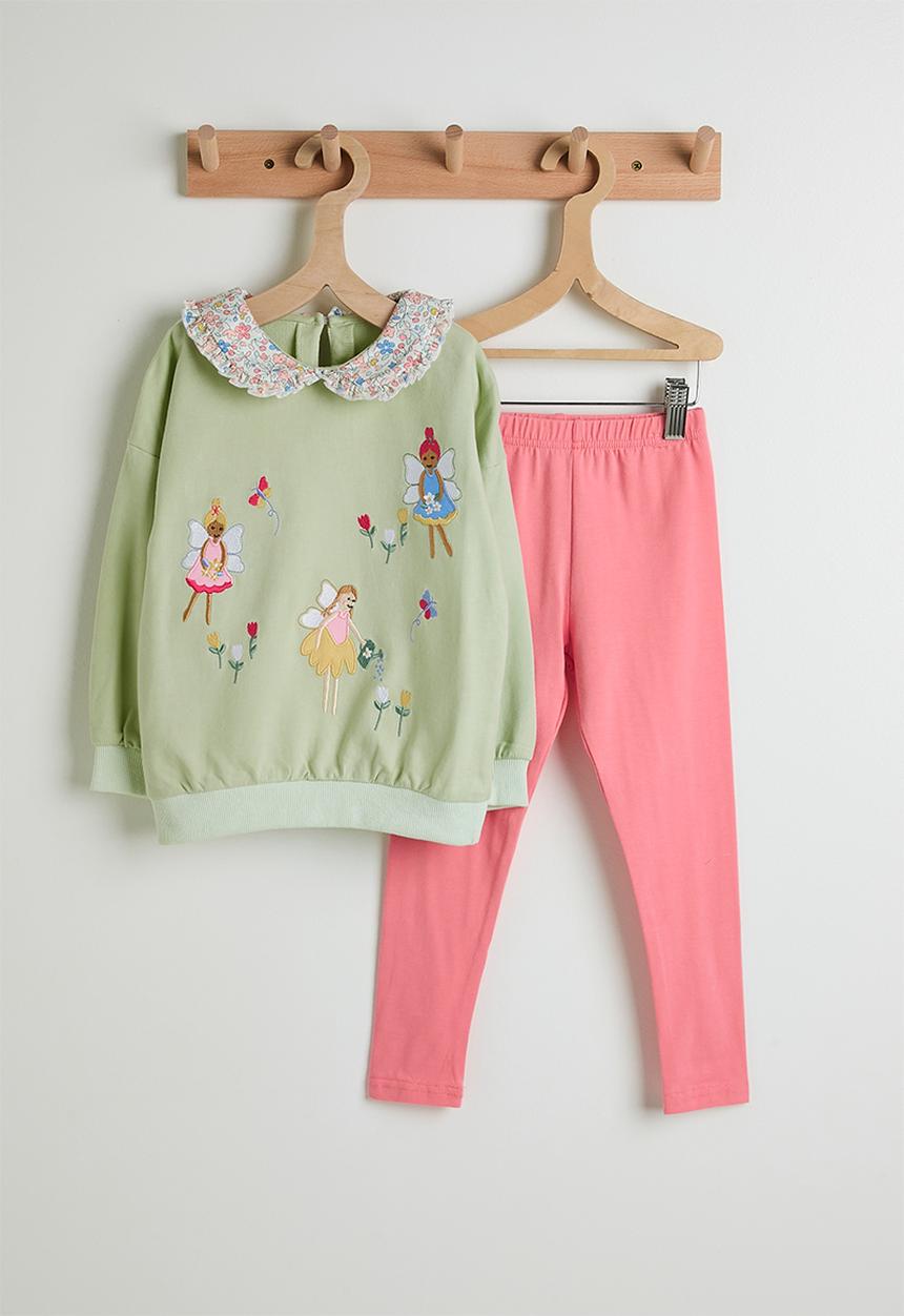 Pop Candy - Embroidered fairies sweatshirt with plain leggings - calm green/pink