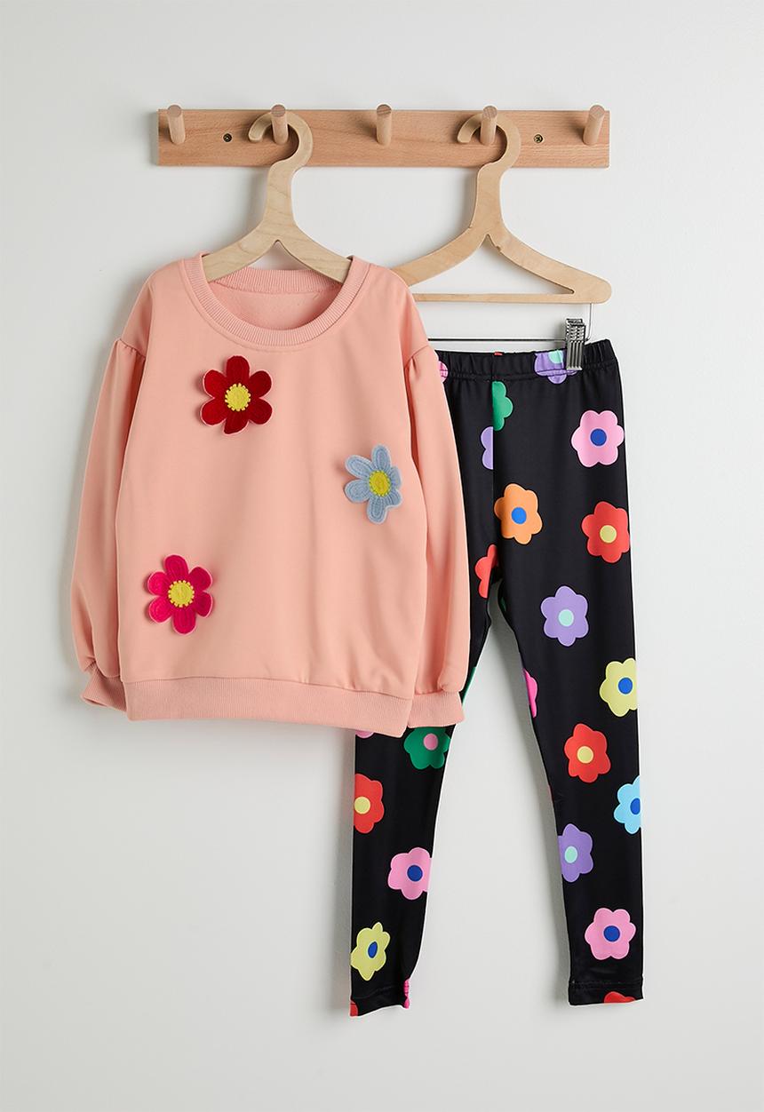 Pop Candy - Floral applique sweat top & aop leggings - pink/black